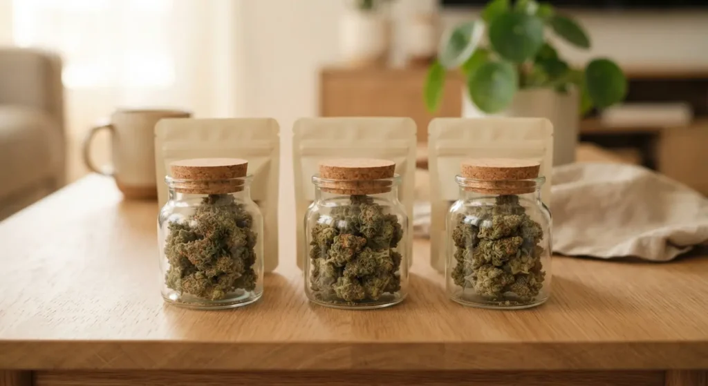 A neat display of cannabis products to compare weed prices for flower and edibles.