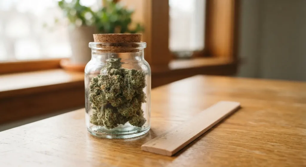 Fresh green cannabis flower in a glass jar showing how much is an eighth of weed on a wooden table.
