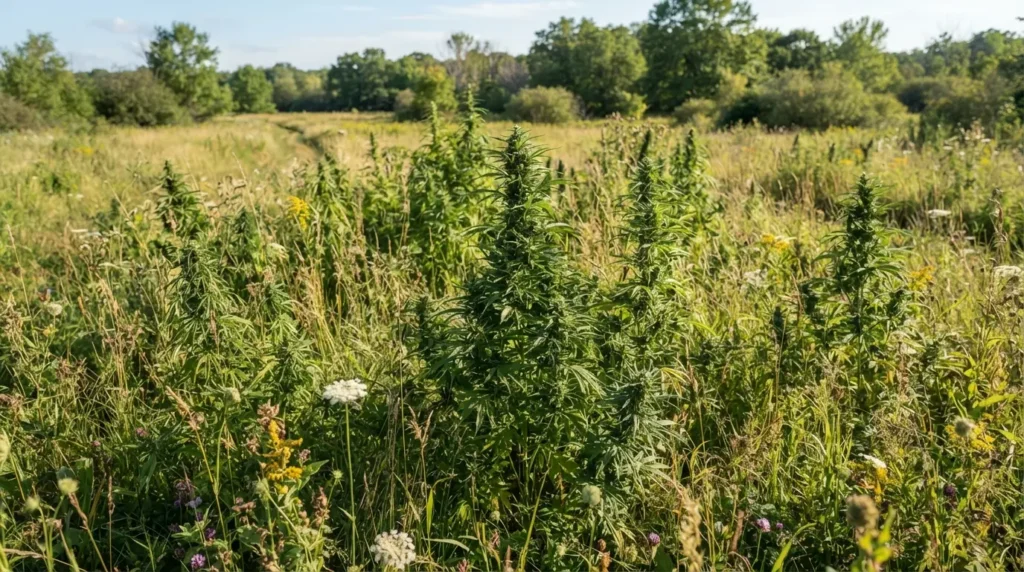 Wild cannabis plants growing in an overgrown field, showing where wild cannabis grows naturally