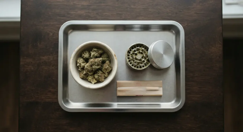 Tray with herb grinder and rolling papers to learn how to roll a joint