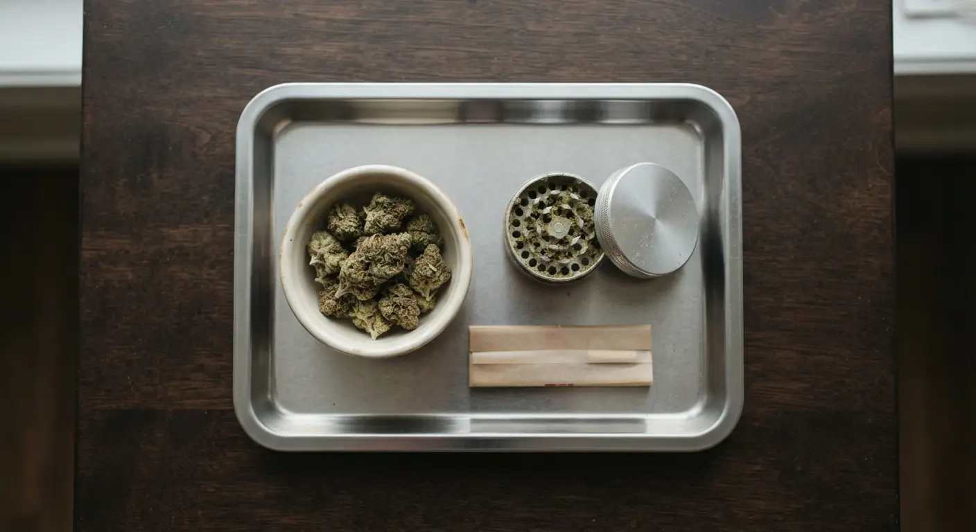 Tray with herb grinder and rolling papers to learn how to roll a joint